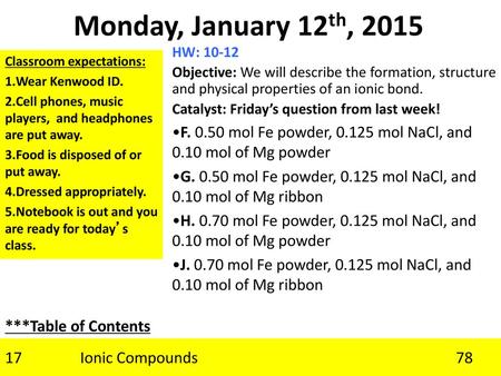 Monday, January 12th, 2015 HW: 10-12 Objective: We will describe the formation, structure and physical properties of an ionic bond. Catalyst: Friday’s.