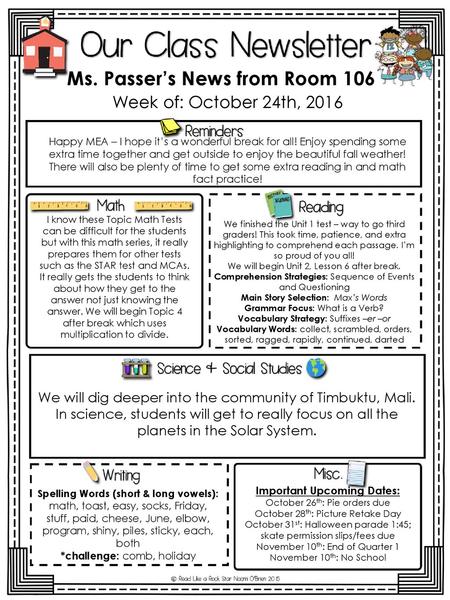 Ms. Passer’s News from Room 106 Important Upcoming Dates: