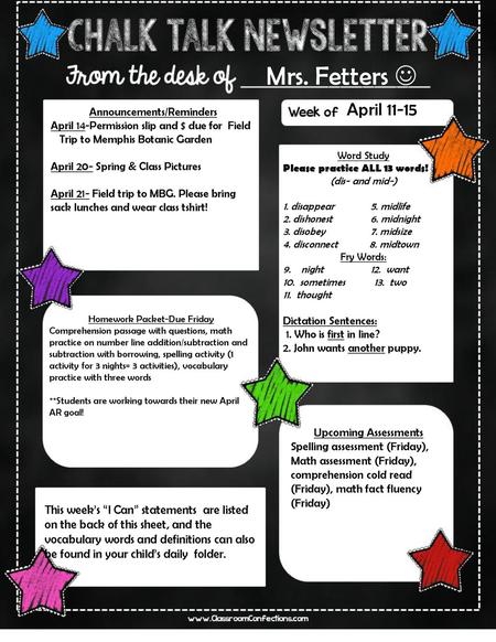 Mrs. Fetters  April 11-15 Announcements/Reminders