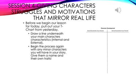 Session 4-Giving Characters Struggles and Motivations that Mirror Real Life Before we begin our lesson for today, pull out your T- Chart from yesterday.