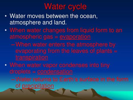 Water cycle Water moves between the ocean, atmosphere and land.