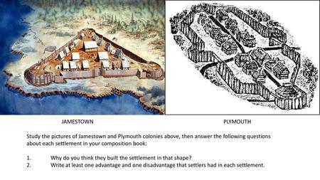 JAMESTOWN PLYMOUTH Study the pictures of Jamestown and Plymouth colonies above, then answer the following questions about each settlement in your composition.