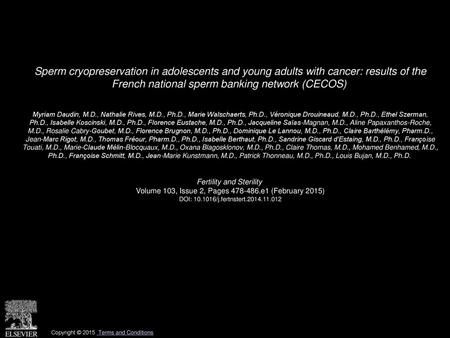 Sperm cryopreservation in adolescents and young adults with cancer: results of the French national sperm banking network (CECOS)  Myriam Daudin, M.D.,