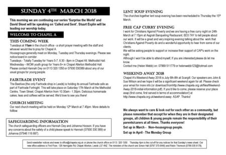 SUNDAY 4th March 2018 Lent Soup Evening