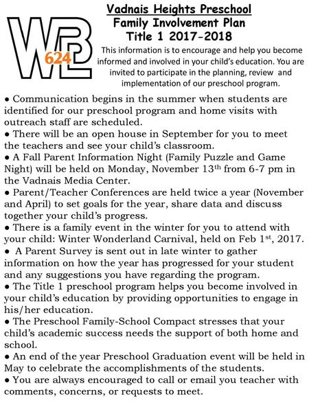 Vadnais Heights Preschool Family Involvement Plan