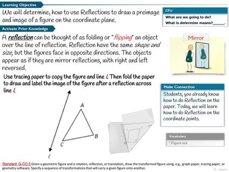 Learning Objective We will determine1 how to use Reflections to draw a preimage and image of a figure on the coordinate plane. What are we going to do?