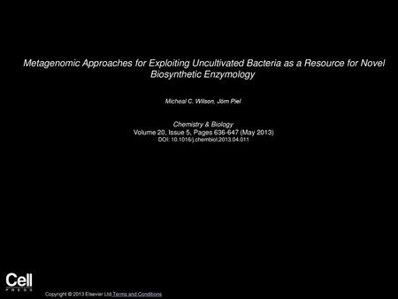 Metagenomic Approaches for Exploiting Uncultivated Bacteria as a Resource for Novel Biosynthetic Enzymology  Micheal C. Wilson, Jörn Piel  Chemistry &