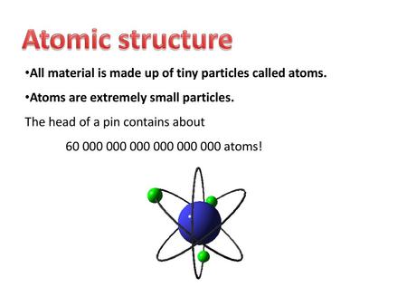 Atomic structure All material is made up of tiny particles called atoms. Atoms are extremely small particles. The head of a pin contains about 60 000 000.