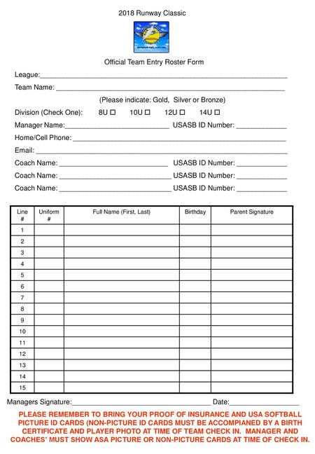 Official Team Entry Roster Form