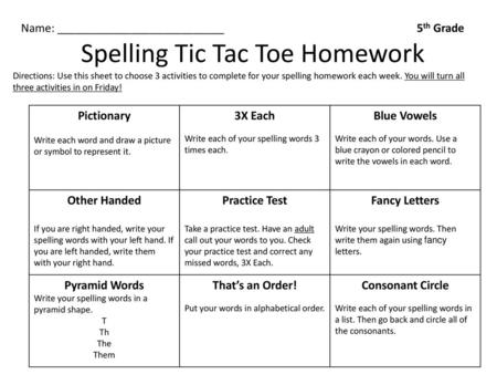 Spelling Tic Tac Toe Homework