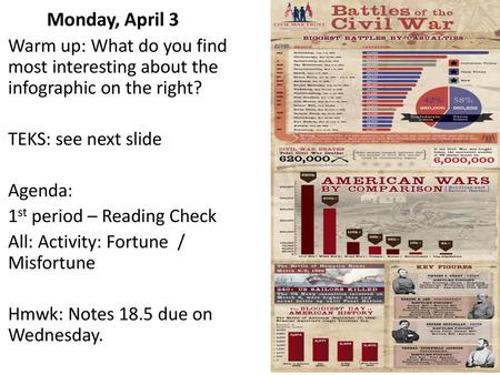 Monday, April 3 Warm up: What do you find most interesting about the infographic on the right? TEKS: see next slide Agenda: 1st period – Reading Check.