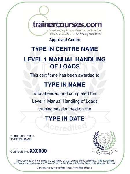 LEVEL 1 MANUAL HANDLING OF LOADS