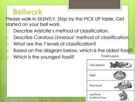 Bellwork Please walk in SILENTLY. Stop by the PICK UP table. Get started on your bell work. Describe Aristotle’s method of classification. Describe Carolous.