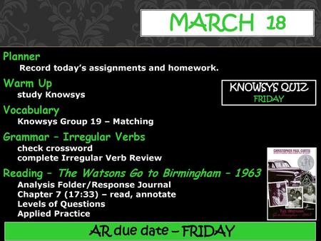 MARCH 18 AR due date – FRIDAY Planner Warm Up Vocabulary