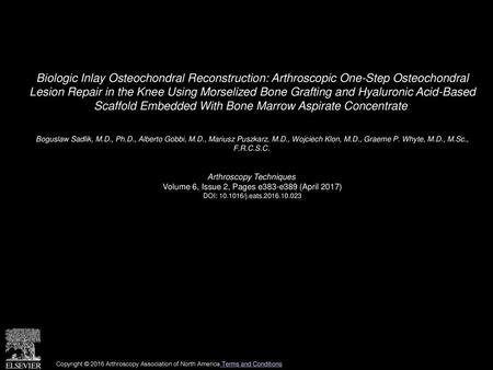 Biologic Inlay Osteochondral Reconstruction: Arthroscopic One-Step Osteochondral Lesion Repair in the Knee Using Morselized Bone Grafting and Hyaluronic.