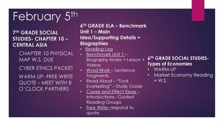 February 5th 7TH GRADE SOCIAL STUDIES- Chapter 10 – central Asia