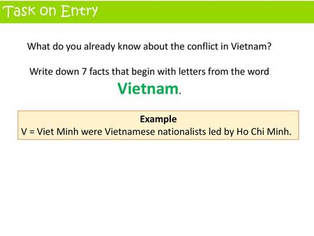 Task on Entry What do you already know about the conflict in Vietnam?