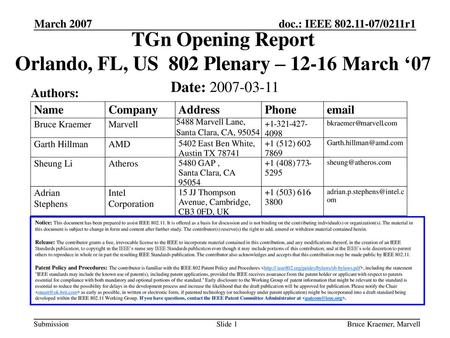 TGn Opening Report Orlando, FL, US 802 Plenary – March ‘07