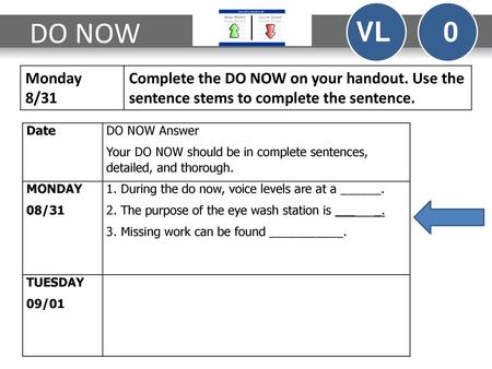 DO NOW VL 0 Monday 8/31 Complete the DO NOW on your handout. Use the sentence stems to complete the sentence. Date DO NOW Answer Your DO NOW should.