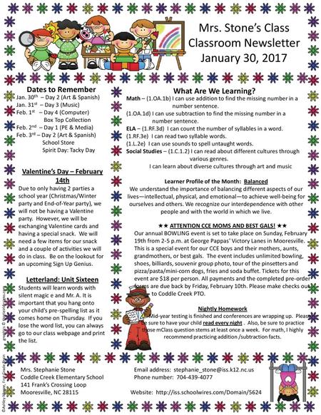 Mrs. Stone’s Class Classroom Newsletter January 30, 2017