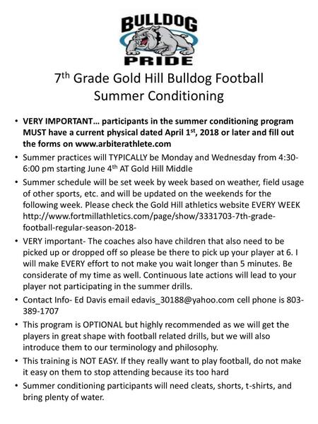 7th Grade Gold Hill Bulldog Football Summer Conditioning