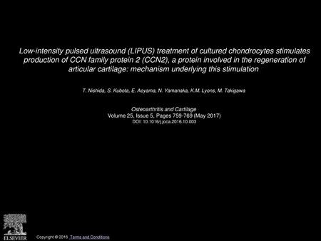 Low-intensity pulsed ultrasound (LIPUS) treatment of cultured chondrocytes stimulates production of CCN family protein 2 (CCN2), a protein involved in.