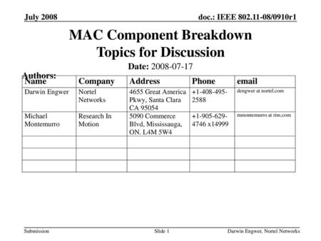 MAC Component Breakdown Topics for Discussion