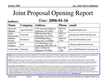 Joint Proposal Opening Report