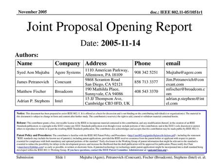 Joint Proposal Opening Report