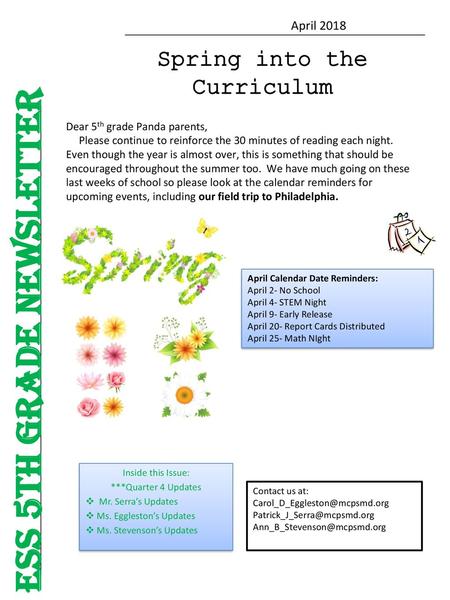 ESS 5TH GRADE NEWSLETTER