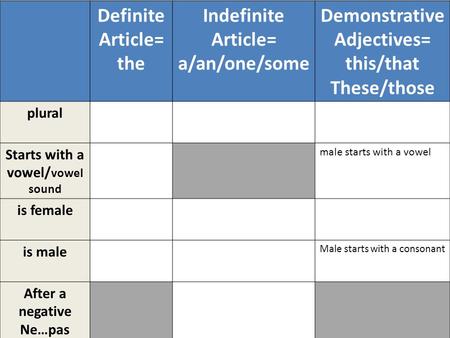 Definite Article= the Indefinite Article= a/an/one/some Demonstrative Adjectives= this/that These/those plural Starts with a vowel/ vowel sound male starts.