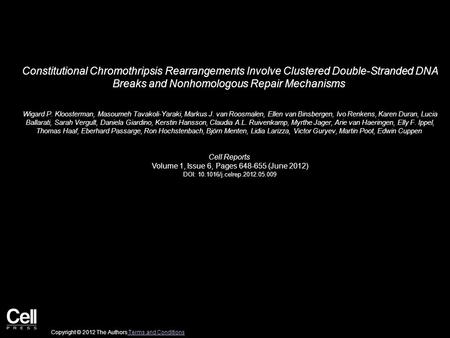 Constitutional Chromothripsis Rearrangements Involve Clustered Double-Stranded DNA Breaks and Nonhomologous Repair Mechanisms Wigard P. Kloosterman, Masoumeh.