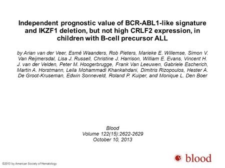 Independent prognostic value of BCR-ABL1-like signature and IKZF1 deletion, but not high CRLF2 expression, in children with B-cell precursor ALL by Arian.