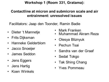 Workshop 1 (Room 331, Gratama): Contactline at micron and submicron scale and air entrainment: unresolved issues Mark Franken Muhammad Akram Reza Olesya.