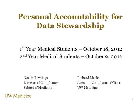 Personal Accountability for Data Stewardship 1 st Year Medical Students – October 18, 2012 2 nd Year Medical Students – October 9, 2012 Noella RawlingsRichard.