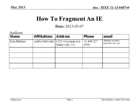 Submission doc.: IEEE 11-13/0487r0 May 2013 Dan Harkins, Aruba NetworksSlide 1 How To Fragment An IE Date: 2013-05-07 Authors: