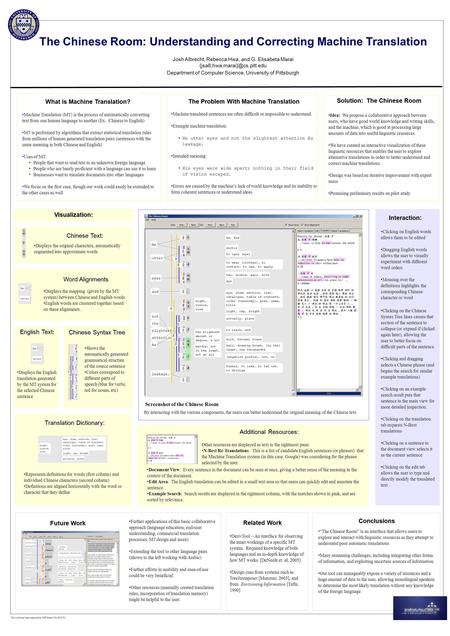 The Chinese Room: Understanding and Correcting Machine Translation This work has been supported by NSF Grants IIS-0612791. Solution: The Chinese Room Conclusions.