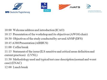 10:00 Welcome address and introduction (ICAO) 10:15 Presentation of the workshop and its objectives (AWOG chair) 10:30 Objectives of the study conducted.