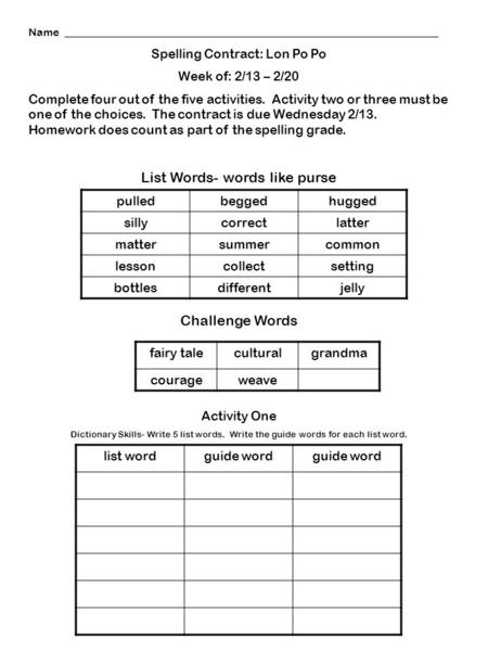 Name _____________________________________________________________________ Spelling Contract: Lon Po Po Week of: 2/13 – 2/20 Complete four out of the five.