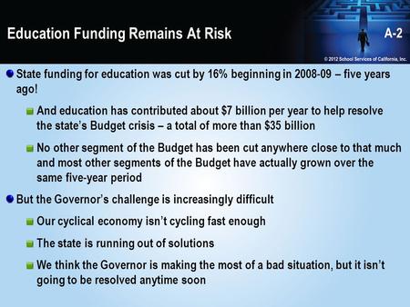 Education Funding Remains At Risk State funding for education was cut by 16% beginning in 2008-09 – five years ago! And education has contributed about.