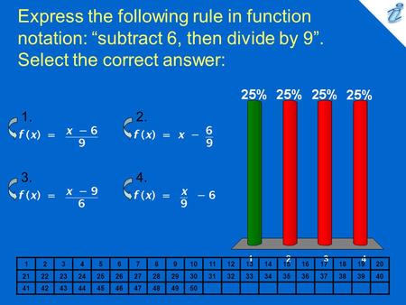 Express the following rule in function notation: “subtract 6, then divide by 9”. Select the correct answer: {image} 1. 2. 3. 4. 1 2 3 4 5 6 7 8 9 10 11.