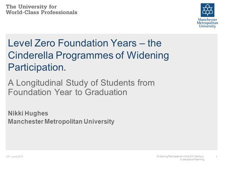 24 th June 20101 Widening Participation in the 21 st Century: A decade of learning Level Zero Foundation Years – the Cinderella Programmes of Widening.