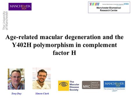 Age-related macular degeneration and the Y402H polymorphism in complement factor H Manchester Biomedical Research Centre Simon Clark Tony Day.