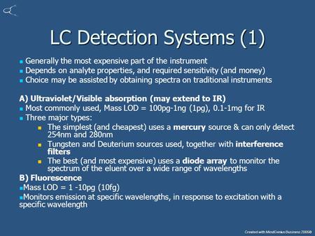 Created with MindGenius Business 2005® LC Detection Systems (1) Generally the most expensive part of the instrument Depends on analyte properties, and.