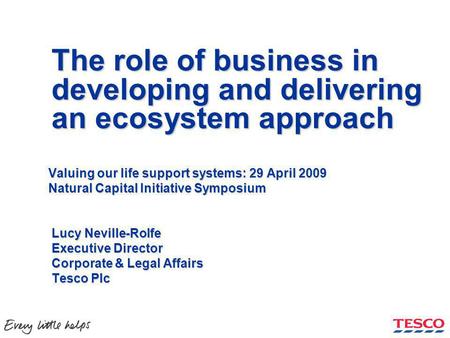 The role of business in developing and delivering an ecosystem approach Valuing our life support systems: 29 April 2009 Natural Capital Initiative Symposium.