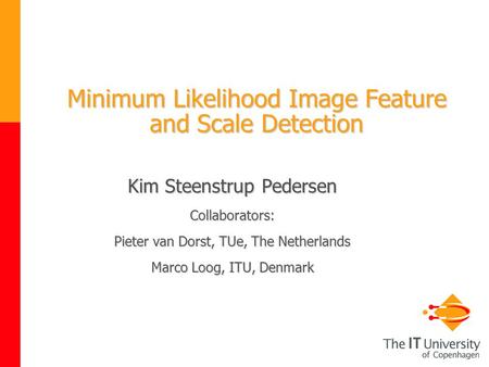 Minimum Likelihood Image Feature and Scale Detection Kim Steenstrup Pedersen Collaborators: Pieter van Dorst, TUe, The Netherlands Marco Loog, ITU, Denmark.