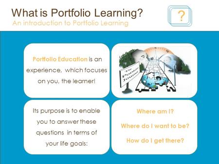 What is Portfolio Learning? An introduction to Portfolio Learning ? Portfolio Education is an experience, which focuses on you, the learner! Where am I?