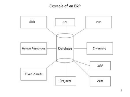 1 Database SRR PPP Human Resources Fixed Assets Inventory G/L Projects MRP Example of an ERP CRM.