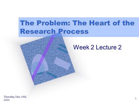 Thursday, Mar. 19th, 2004 1 The Problem: The Heart of the Research Process Week 2 Lecture 2.