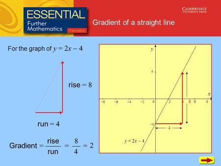 Gradient of a straight line x y 88 66 44 22 02468 44 4 For the graph of y = 2x  4 rise run  = 8  4 = 2 8 rise = 8 4 run = 4 Gradient = y.